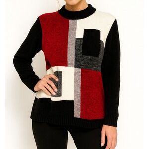 Alfred Dunner women's  large sweater ivory red gray black long sleeve round nec